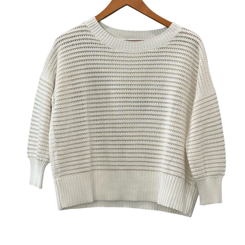White + Warren Open Knit Sweater Cream Crewneck Lightweight Women’s Small